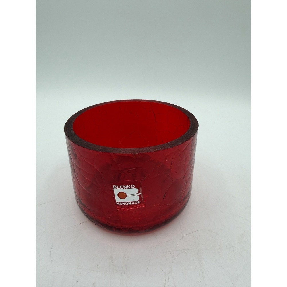 Blenko Red Crackle Glass Candle Holder 🔥🕯️ – 2 3/4" Tall, With Original Label
